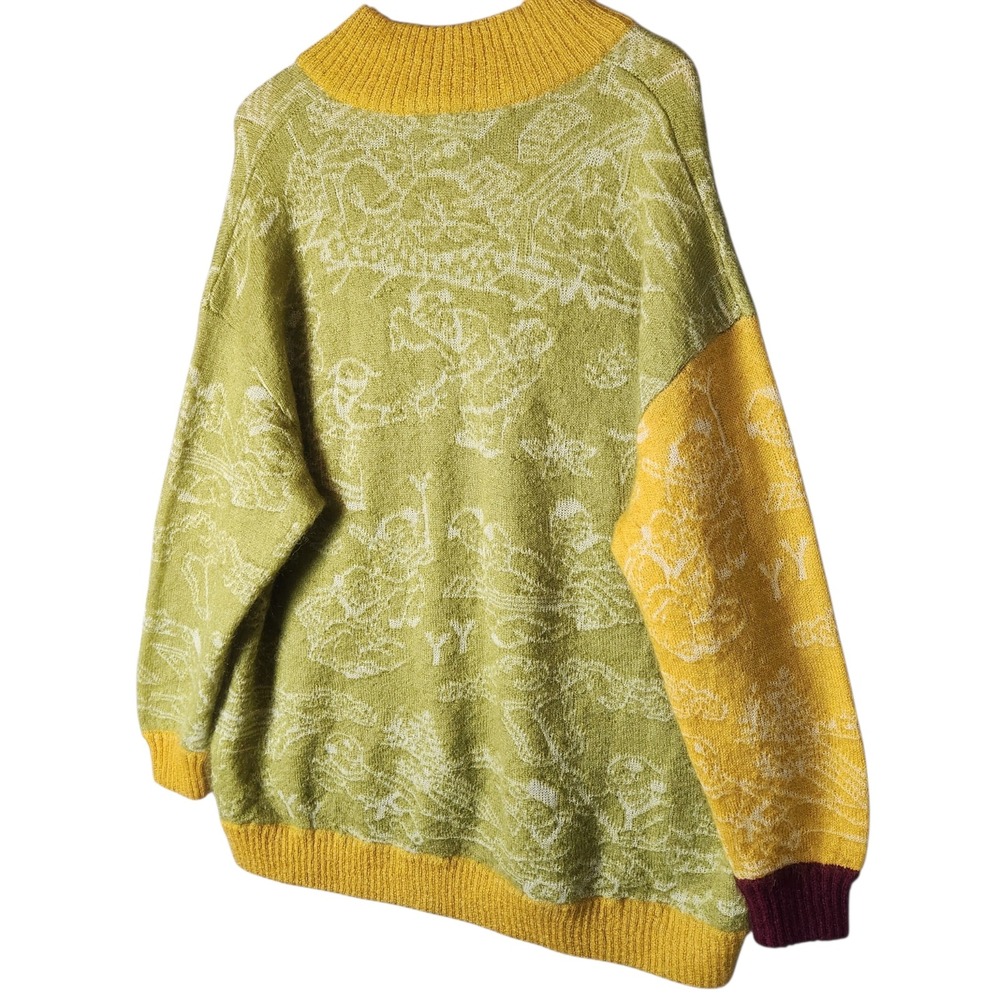 Yanyan Knits Sweater XS Green Yellow Colorblock Jaquard Motif Oversized Mohair - Picture 4 of 11